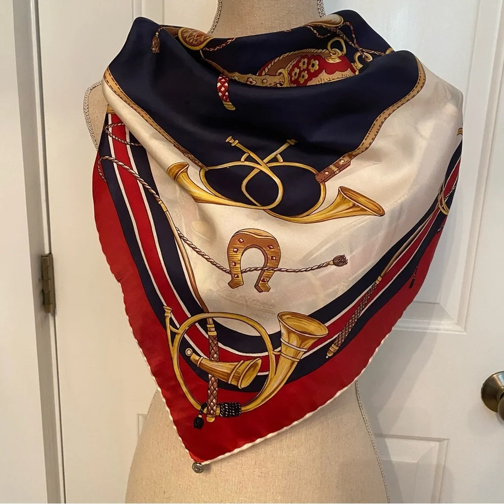 LUCIANO ITALY SCARF SILK SQUARE EQUESTRIAN HORSE RED CREAM BLACK GOLD VINTAGE